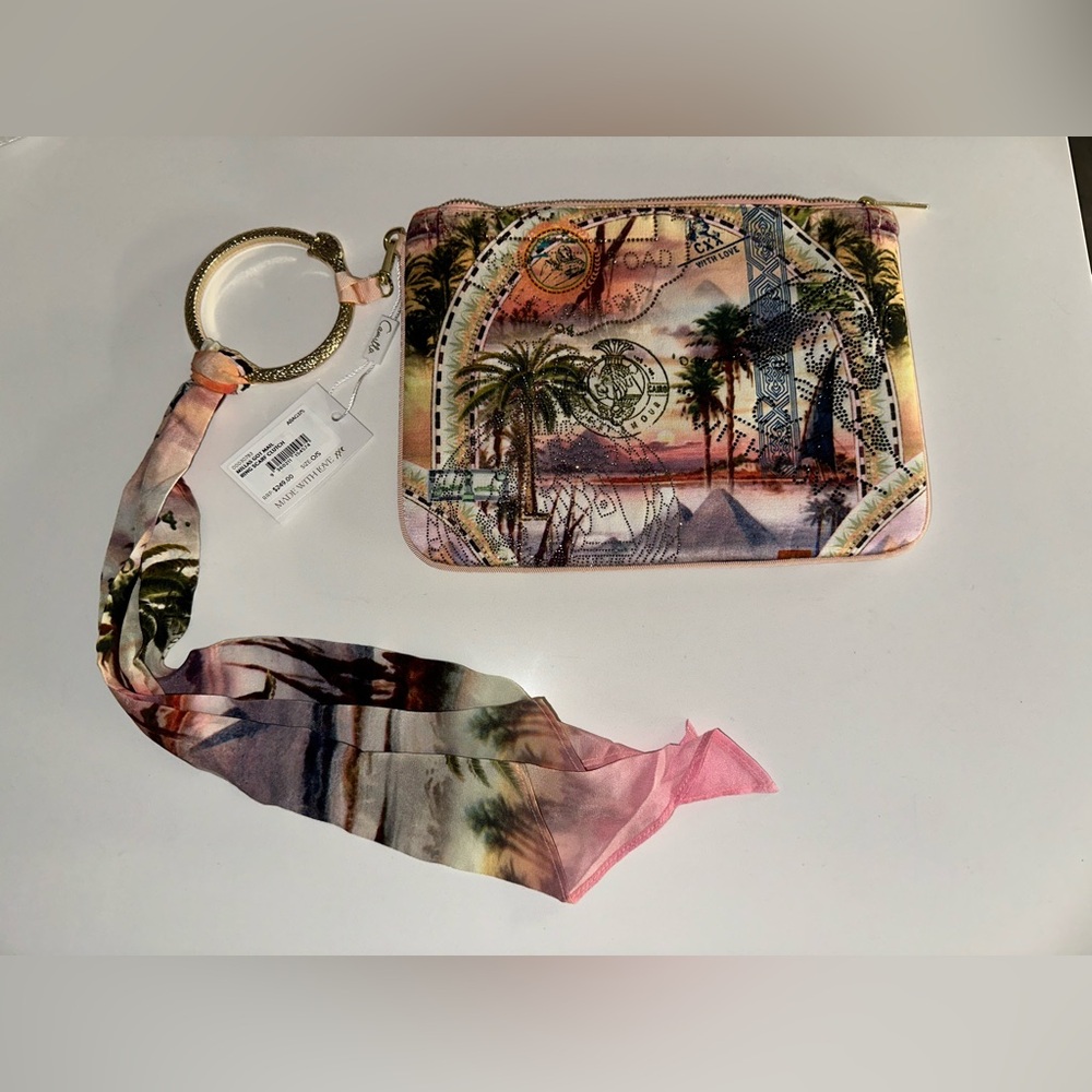 Camilla “Millas Got Mail” Egypt motif silk ring scarf clutch wristlet bag sac - Picture 5 of 9
